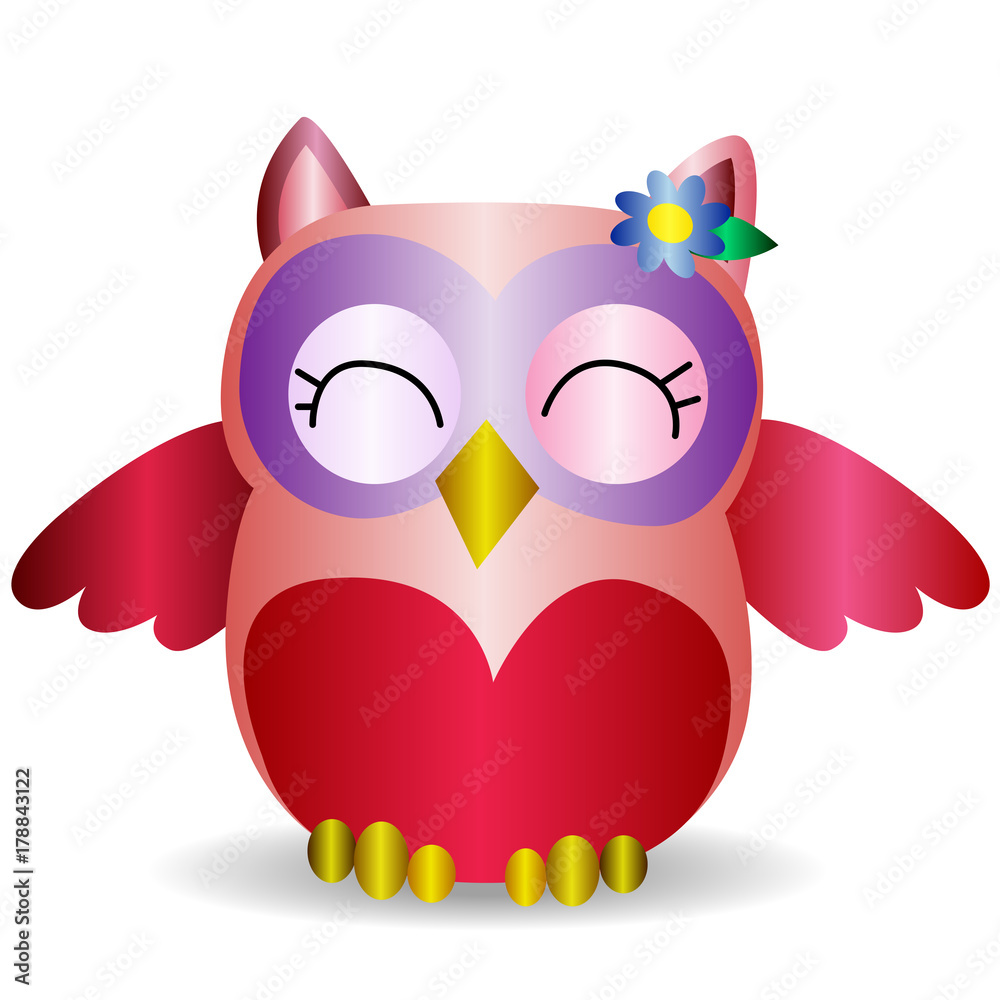 Nice pink smiling owl with a lilac flower on the ear