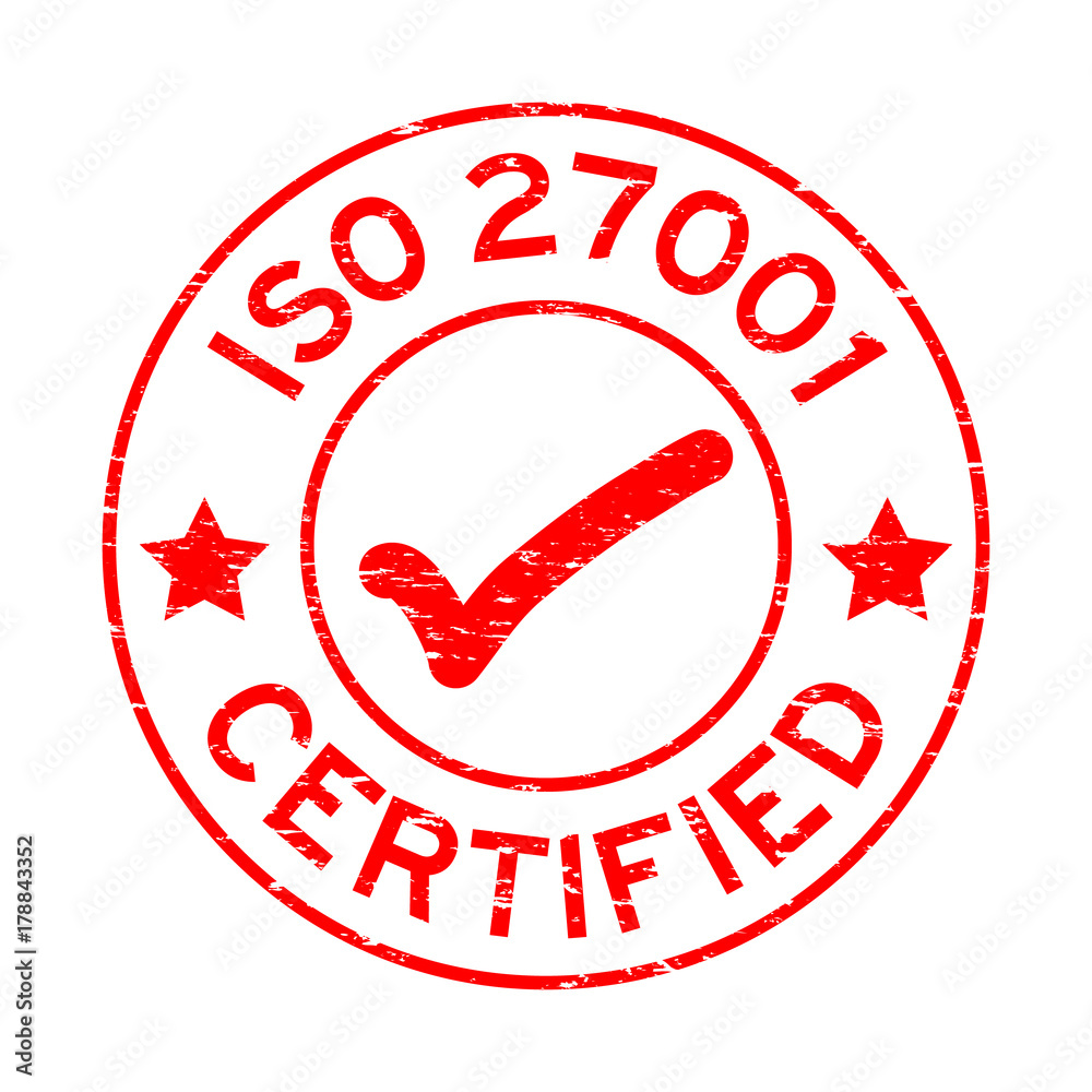 Grunge red ISO 27001 certified round rubber seal stamp on white background Grunge red ISO 27001 certified round rubber seal stamp on white background