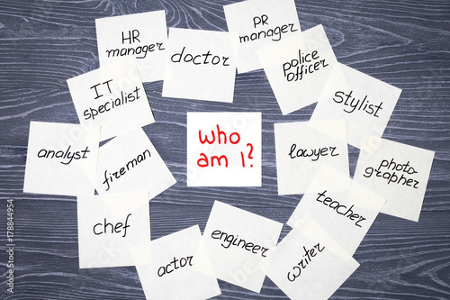 Stickers with different professions and inscription "Who am I?" © tanchess