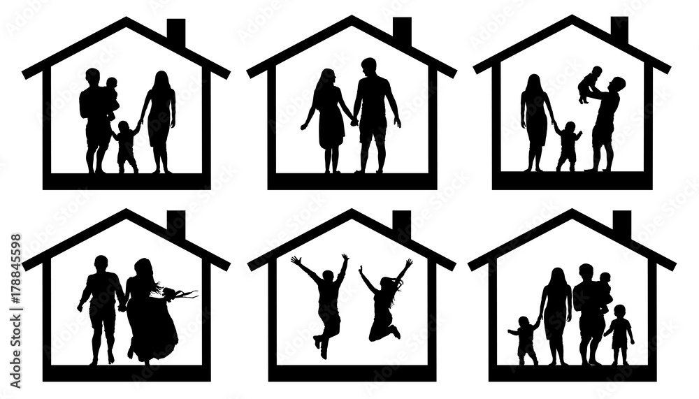 Family silhouette home. Couple man and woman with a child in the house ...