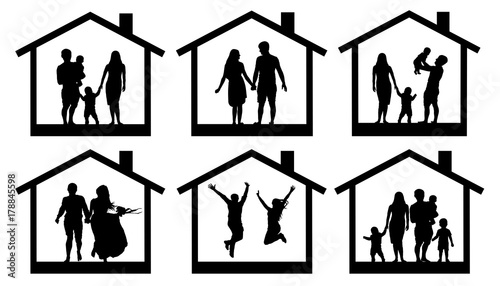 Family silhouette home. Couple man and woman with a child in the house. People jumping vector set icon.