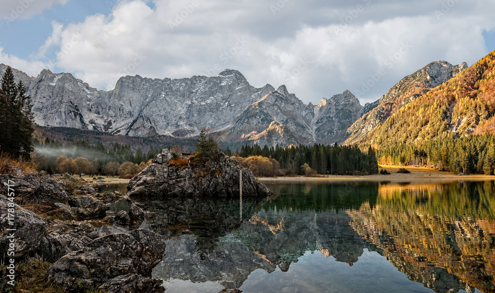 Fototapeta premium Mountains panorama with lake.