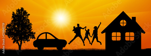 Happy family in a jump surrounded by nature near a house, car, tree. Man and woman with children at sunset vector silhouette.