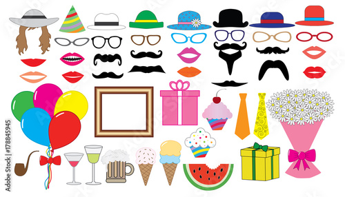 Birthday party set. Vector. Hat, cap, glasses, lips, mustaches, tie, balloons, bouquet and etc., icons.