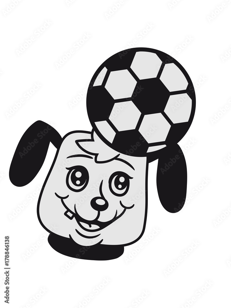 Obraz premium gesicht kopf spaß sport fussball spielen ball schwanz wedeln hund welpe süß niedlich halsband knochen haustier comic cartoon
