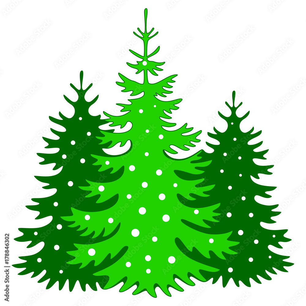 Obraz premium Christmas trees silhouette with snowflakes. Template for design, greeting card, invitation. Xmas card vector illustration isolated on white background.
