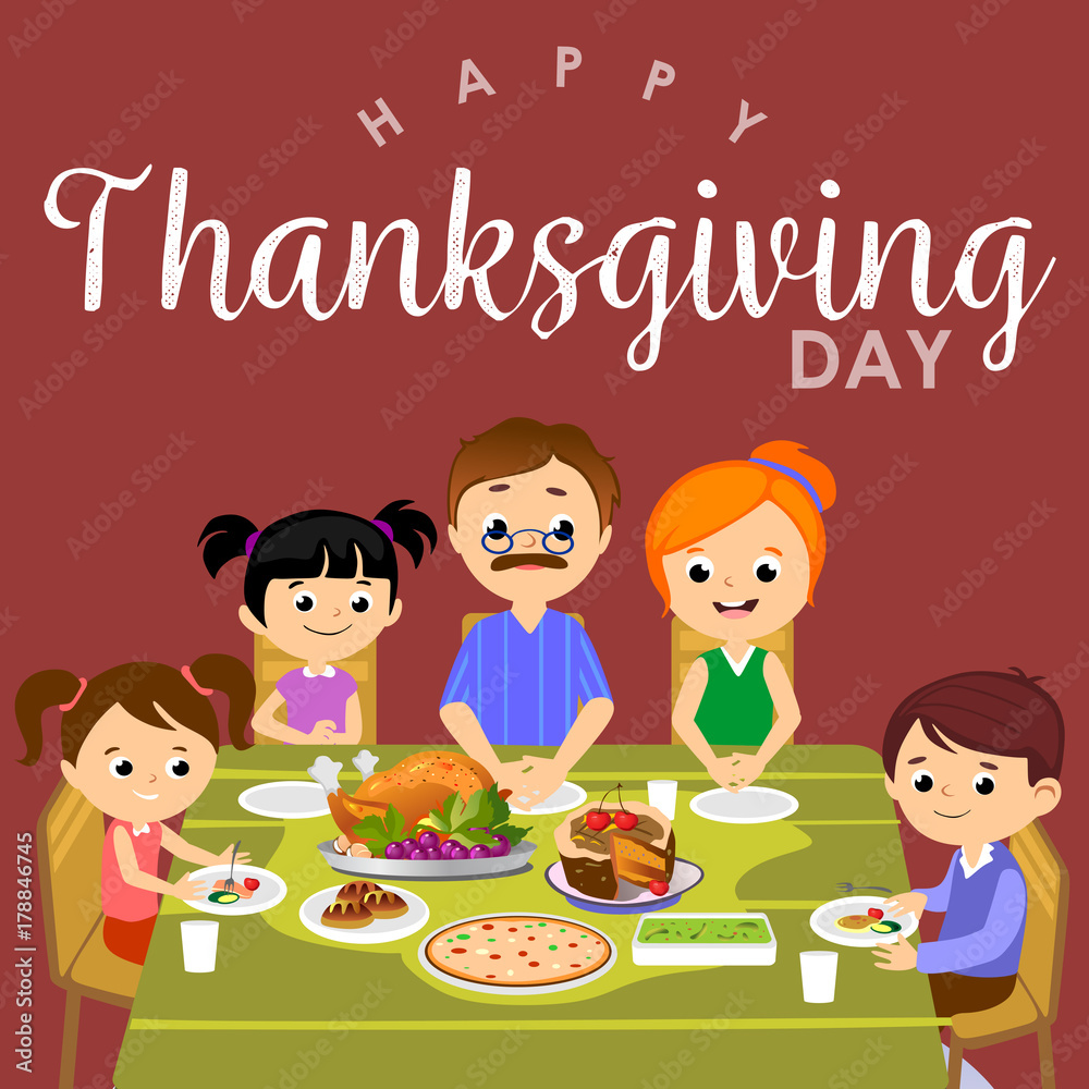 thanksgiving set, isolated happy family at the dinner table eat turkey drink wine. Mother father with childrens celebrate together traditional autumn holiday. People give thanks vector illustration thanksgiving set, isolated happy family at the dinner table eat turkey drink wine. Mother father with childrens celebrate together traditional autumn holiday. People give thanks vector illustration