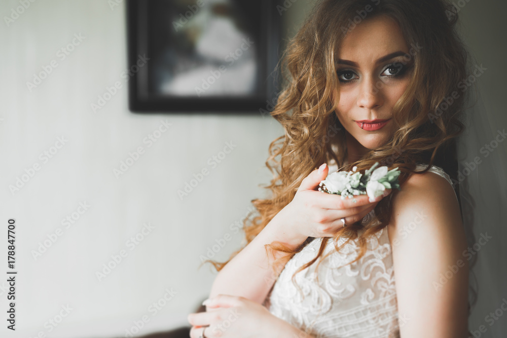 Luxury bride in white dress posing while preparing for the wedding ceremony Luxury bride in white dress posing while preparing for the wedding ceremony