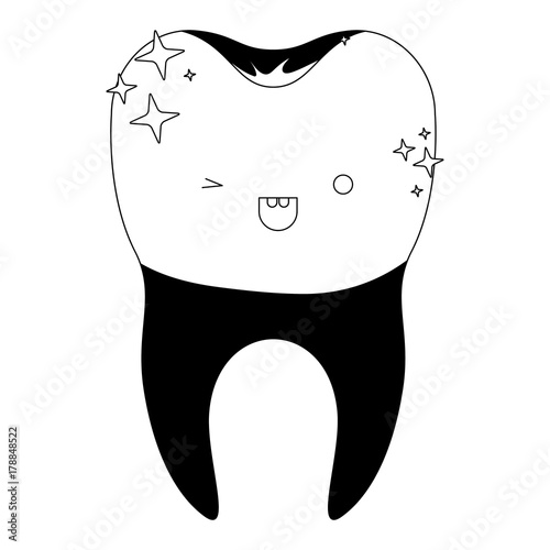 kawaii tooth with dental crown and root in black silhouette