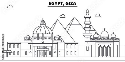 Egypt, Giza architecture skyline: buildings, silhouette, outline landscape, landmarks. Editable strokes. Flat design line banner, vector illustration concept. 