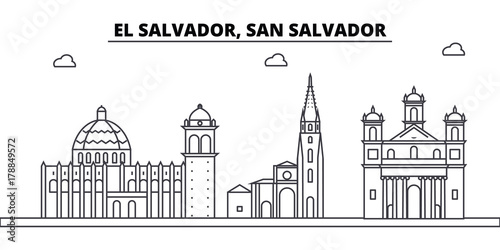 El Salvador, San Salvador architecture skyline buildings, silhouette, outline landscape, landmarks. Editable strokes. Flat design line banner, vector illustration concept. 
