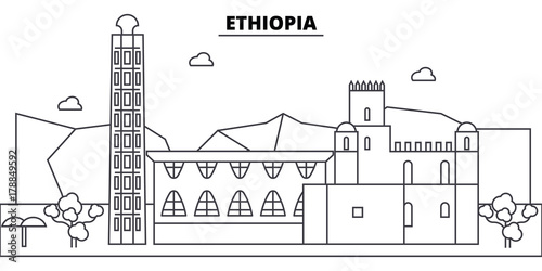 Ethiopia architecture skyline: buildings, silhouette, outline landscape, landmarks. Editable strokes. Flat design line banner, vector illustration concept. 
