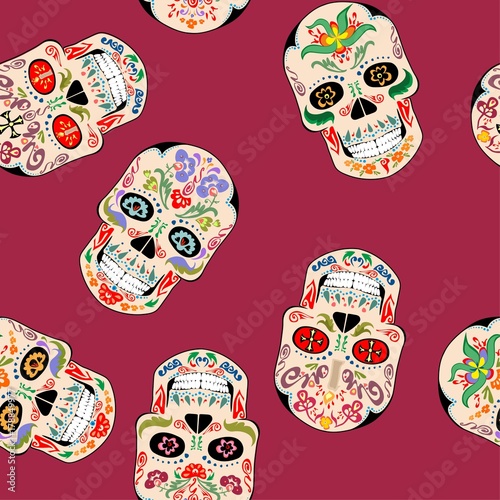 Seamless wallpaper with vintage mexican scull with ethnic ornament