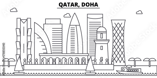 Qatar, Doha architecture skyline: buildings, silhouette, outline landscape, landmarks. Editable strokes. Flat design line banner, vector illustration concept. 