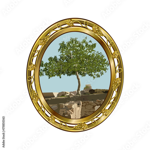Gold oval frame with the image of a lonely fig