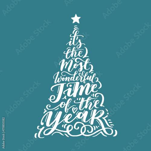 Vector Christmas vintage tree of holidays lettering on blue background. Merry Christmas text for invitation and greeting card, prints and posters. Holidays calligraphic design