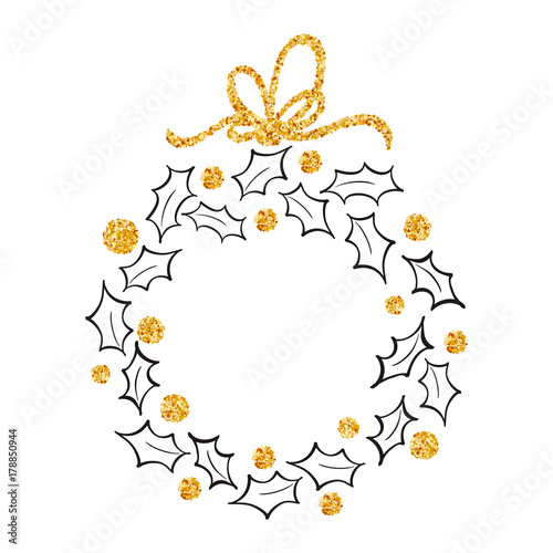 Round frame of Doodle Christmas wreath ilex with gold bow