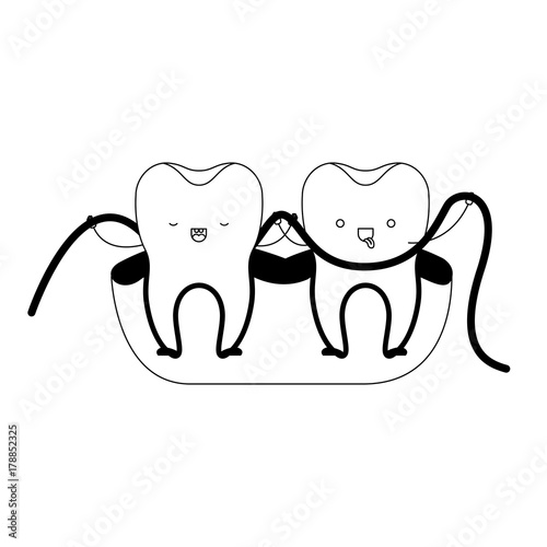 teeth cartoon and dental floss between them and holding hands in black silhouette