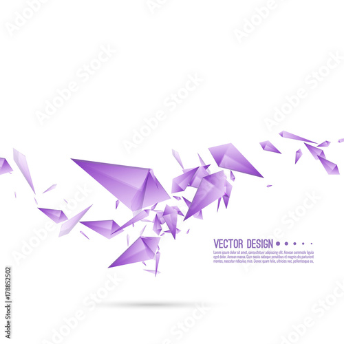 Abstract background with dynamic flying fragments. Glass geometric polygon shapes purple color in motion. Modern fashion design. Vector.