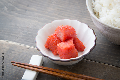 mentaiko, spicy cod roe, on rice photo