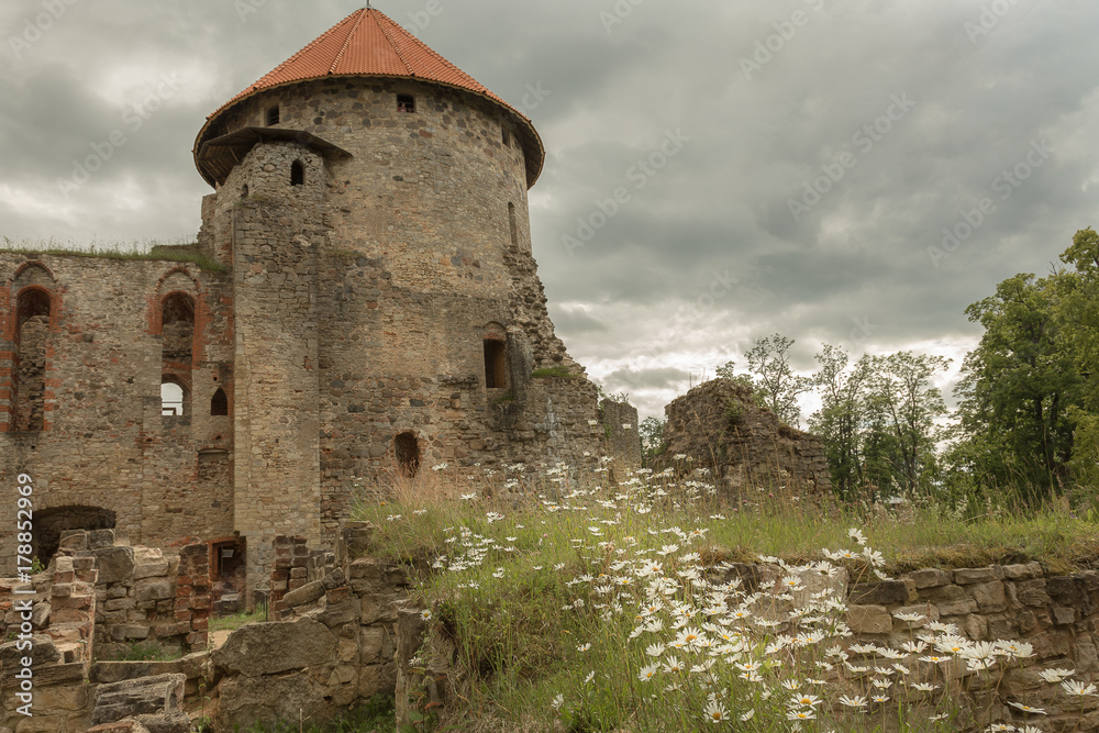Ruins of medieval fortress in summer day in Europe. Latvia, Cesis.