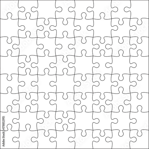 Jigsaw puzzle blank template or cutting guidelines of 64 pieces. Plain white jigsaw puzzle, on white background. Vector  illustration.