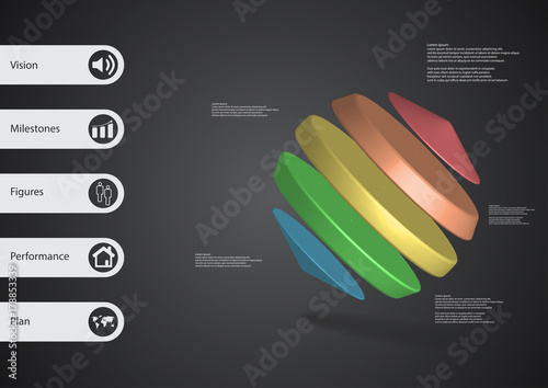 3D illustration infographic template with cylinders between two cones askew arranged