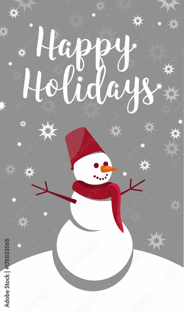 Vector decorative elements and cards for Christmas and new year holidays.winter landscape with a happy snowman with open arms and snowfall.Christmas vector greeting card with hand lettering text
