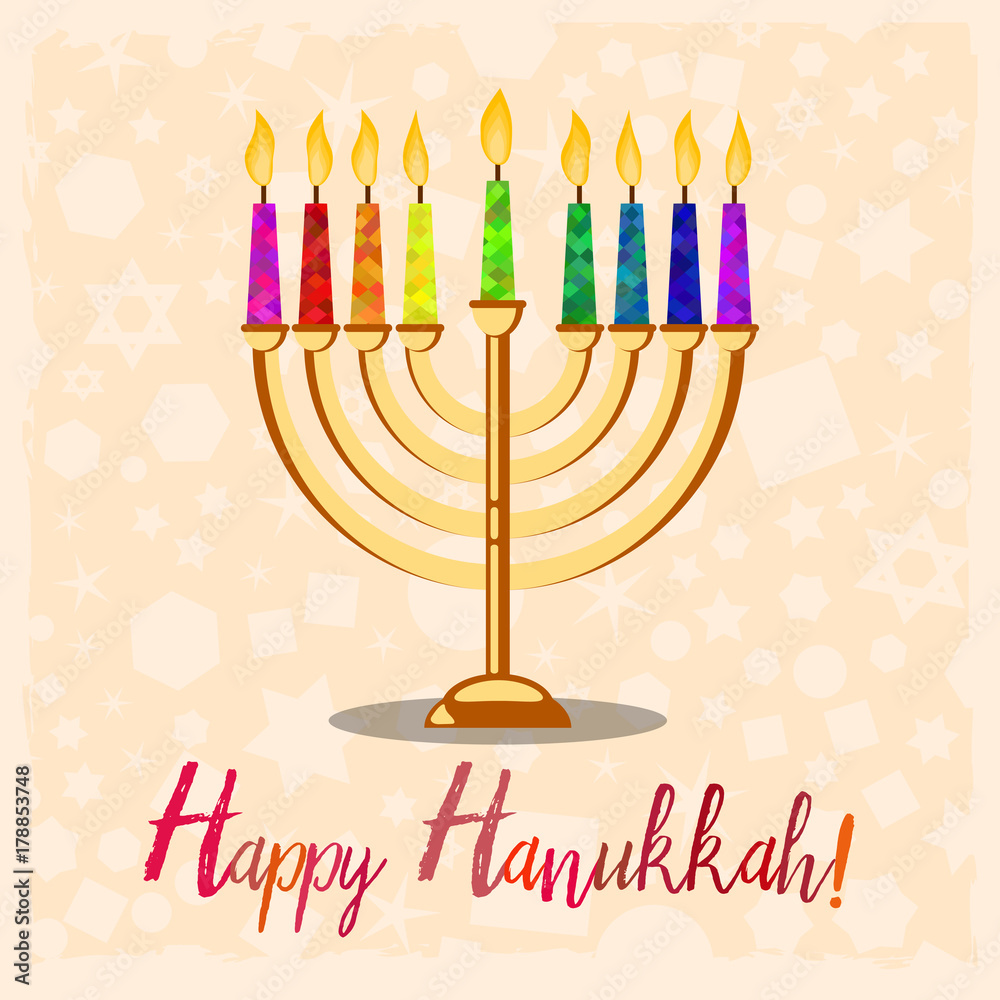 Postcard for greetings with Festival of Lights, Feast of Dedication Hanukkah. Menorah with colorful candles on pale background with pattern. Vector illustration Postcard for greetings with Festival of Lights, Feast of Dedication Hanukkah. Menorah with colorful candles on pale background with pattern. Vector illustration