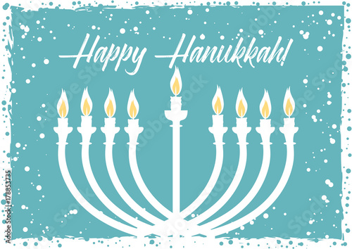 Postcard for greetings with Festival of Lights, Feast of Dedication Hanukkah. Menorah with candles on light blue background with snow. Vector illustration