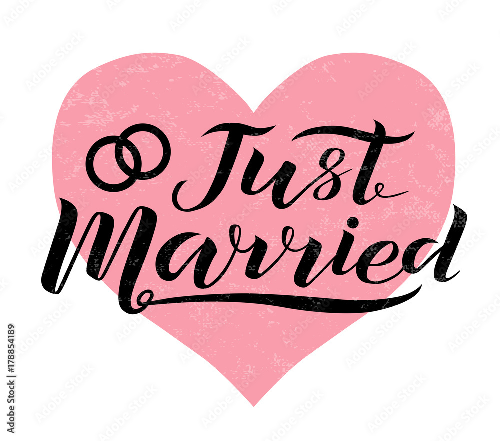 Hand drawn Just married custom lettering text on background, vector illustration.