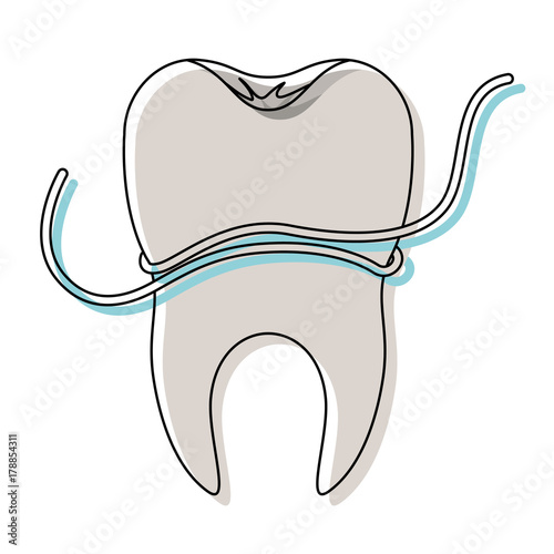 tooth with root and dental floss around in watercolor silhouette