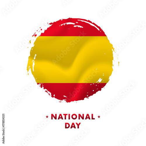Banner or poster of Spain National Day celebration. Waving flag of Spain  brush stroke background. Vector illustration.
