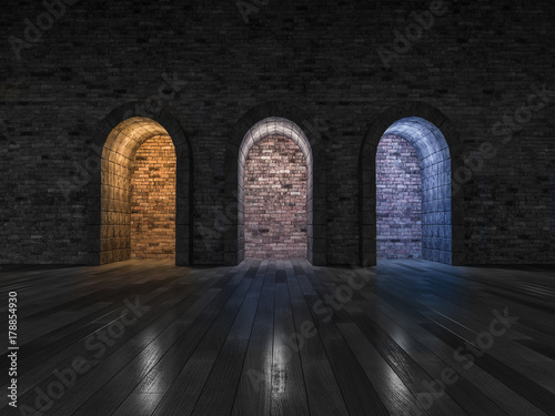 3Ds rendering 3 color light of stone arch door