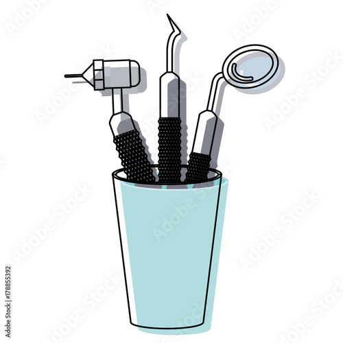 glass with dental cleaning tools and dental mirror in watercolor silhouette