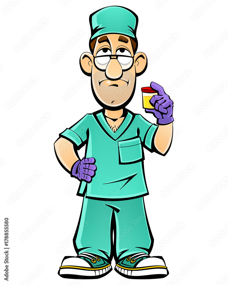 Cartoon doctor is a container for urine analysis.