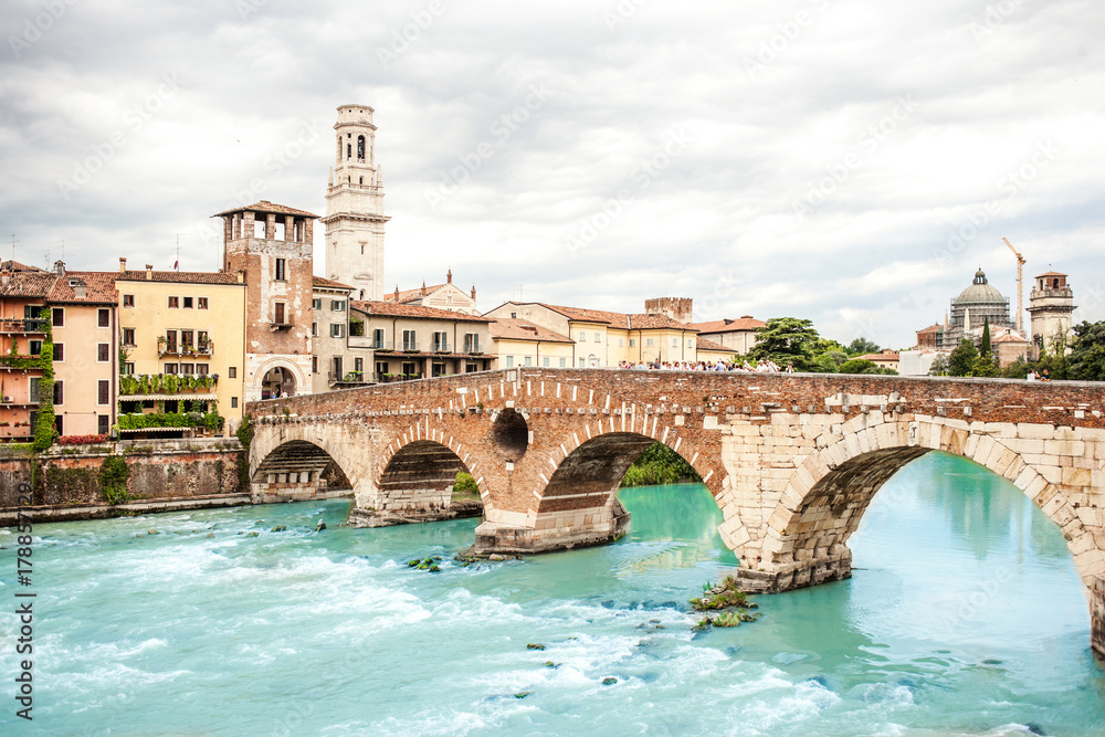  Verona.  Bridge Ponte Pietra in Verona on Adige river.