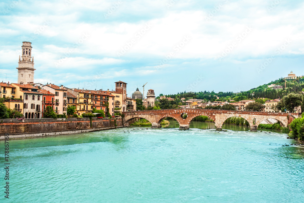  Verona. Veneto region.  Panoramic view Image of Verona with river at sunny day