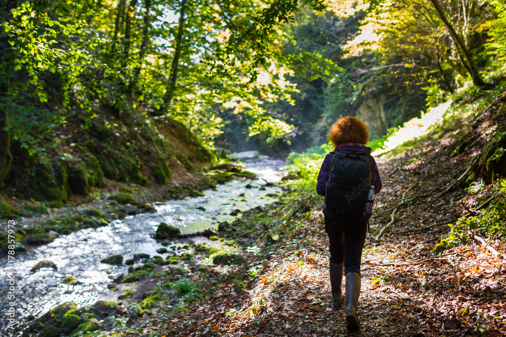 Woman on trail in the woods