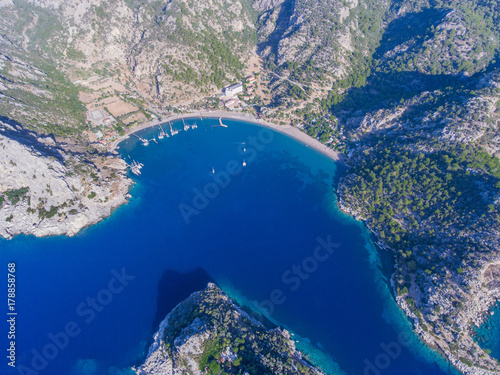 Seaside Turkish landscape. Aerial view of the beautiful bay