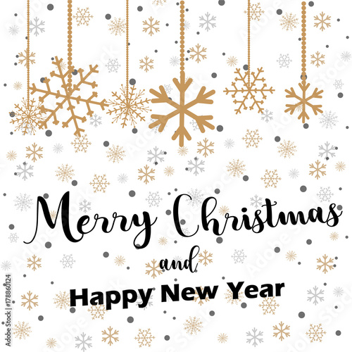 Merry Christmas lettering with golden and silver ornaments and wreath decoration of stars, snowflakes. happy new year