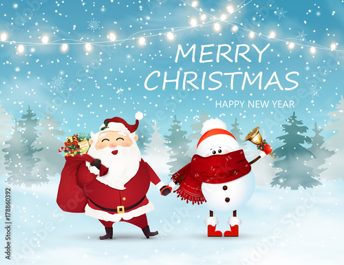 Merry Christmas. Happy new year. Cute, Cheerful Santa Claus with gift bag full of gift boxes, present and little, baby snowman holds jingle bell in Christmas snow scene. Winter landscape.
