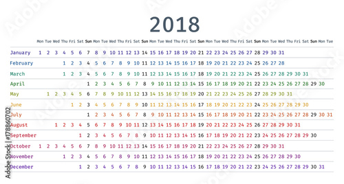 2018 Calendar linear design. Vector. Stationery template. Portrait Orientation. Yearly calendar organizer. 
