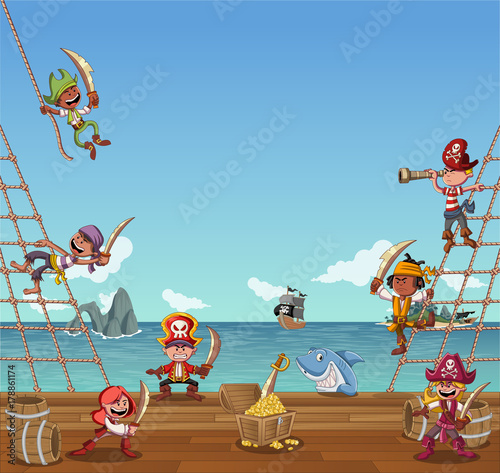 Fototapeta Grupa kreskówek piratów na pokład statku