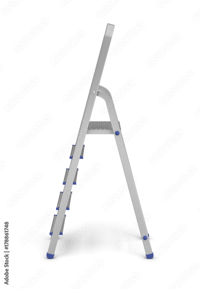 3d rendering of a metal builder's step ladder with blue fittings in side view on a white background.