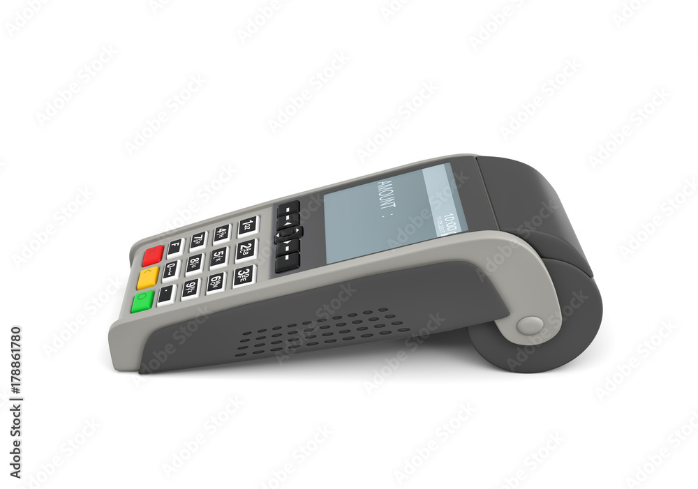 3d rendering of an empty POS-terminal with a screen showing a lettering AMOUNT and no numbers. 3d rendering of an empty POS-terminal with a screen showing a lettering AMOUNT and no numbers.