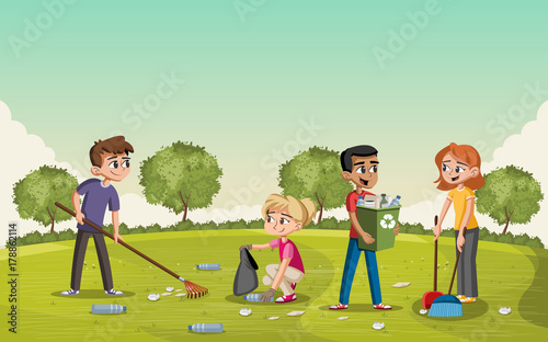 Colorful green park with teenagers cleaning trash. People recycling.

