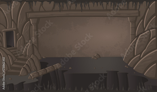 Cartoon cave landscape. Nature scene. Adventure trail.
