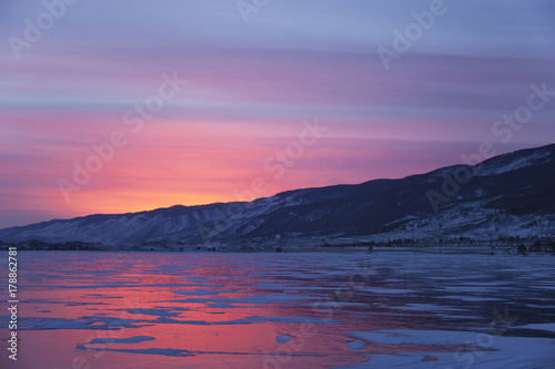 Lake Baikal, winter. Cape Uyuga sunset landscape. © Crazy nook