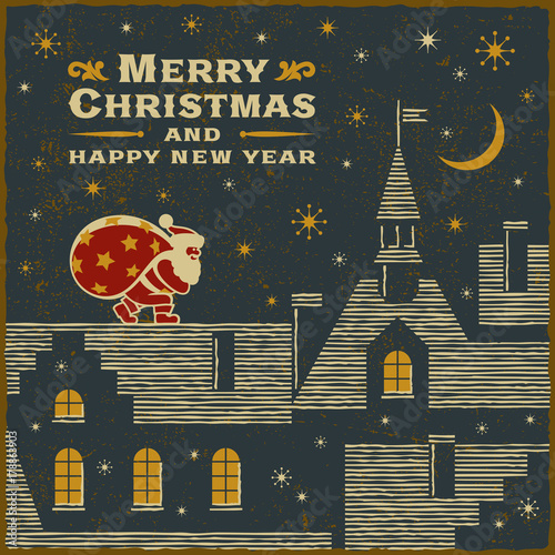 Christmas card with Santa Claus on the roof